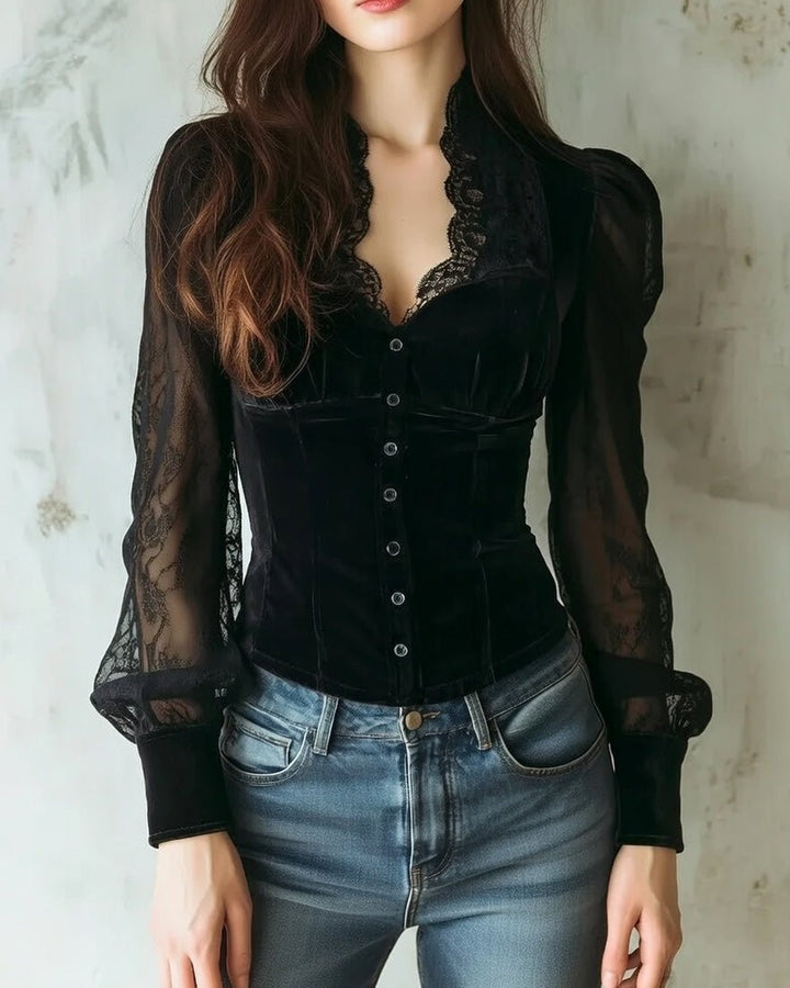 Women's Victorian-Style Velvet Lace-Sleeve Button-Front Blouse - Black