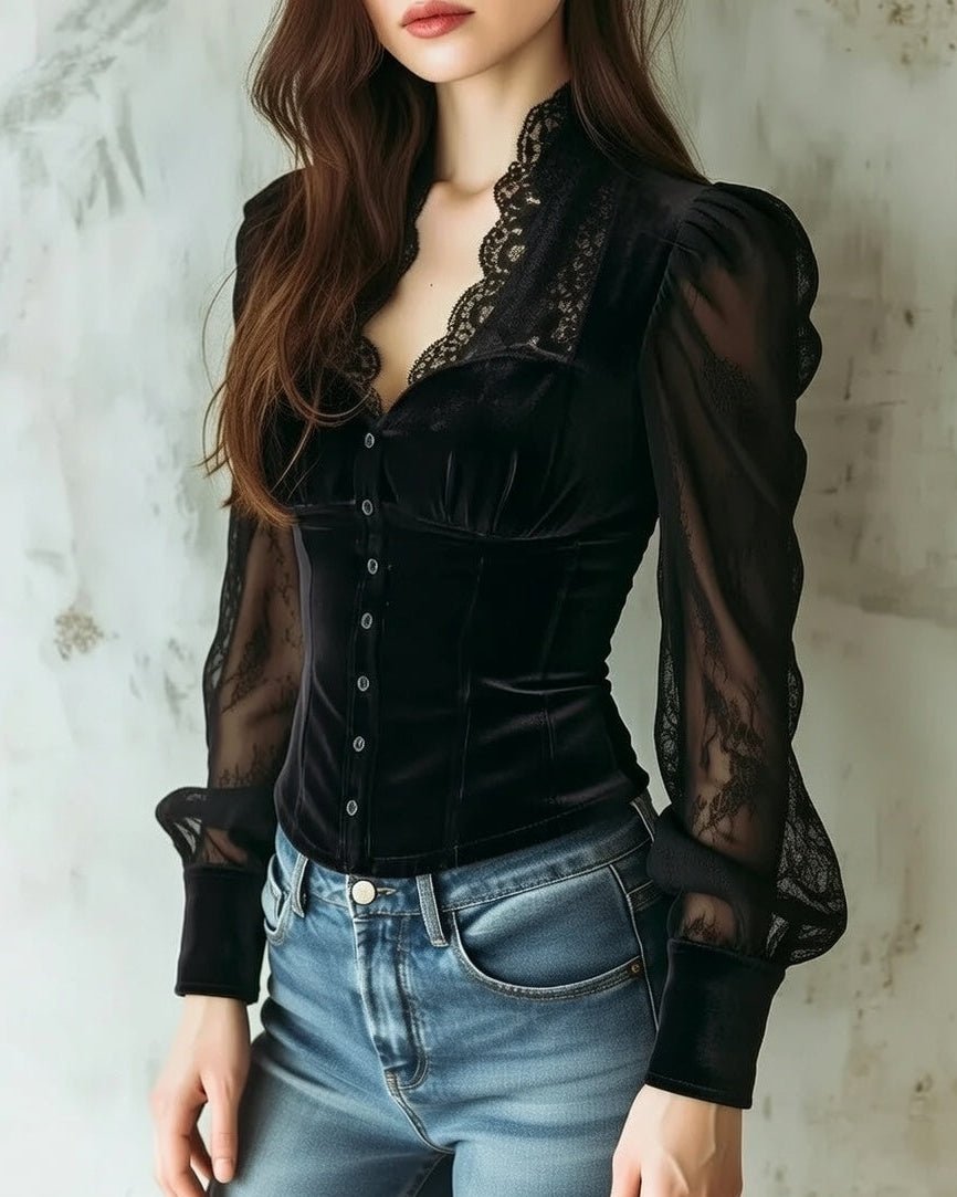 Women's Victorian-Style Velvet Lace-Sleeve Button-Front Blouse