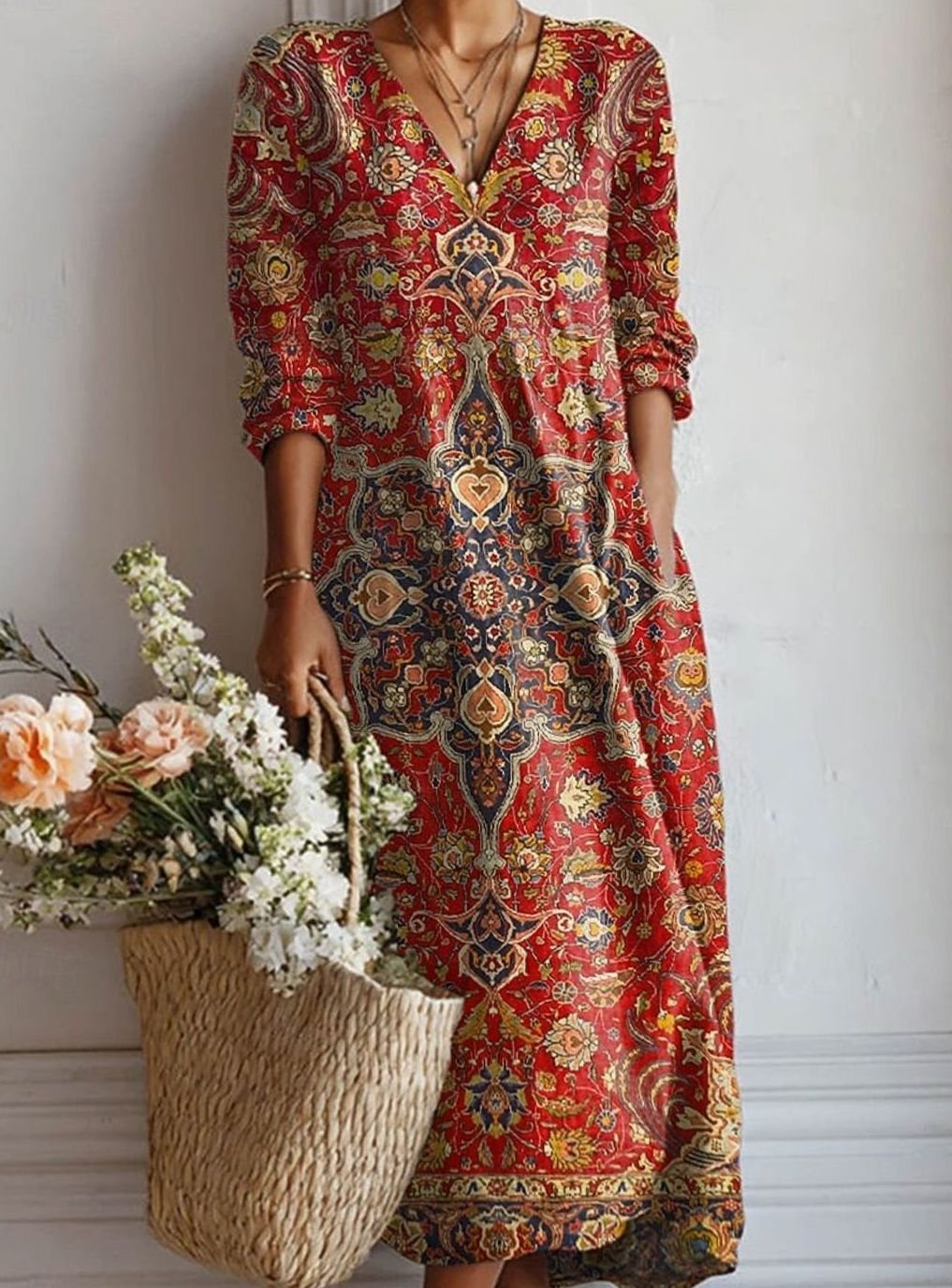 Women's Vintage Boho V-Neck Long Sleeve Maxi Dress - Red