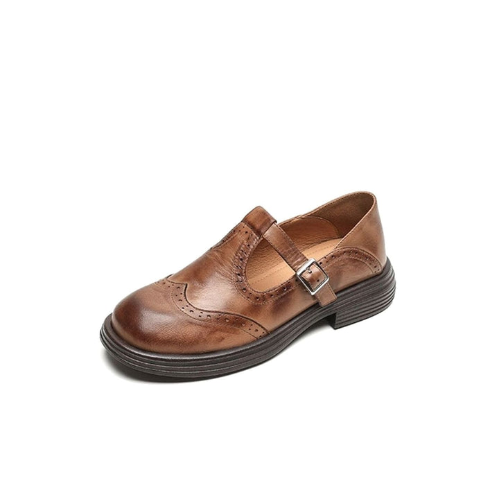 Women's Vintage Brogue T-Strap Mary Jane Flat Shoes - Brown