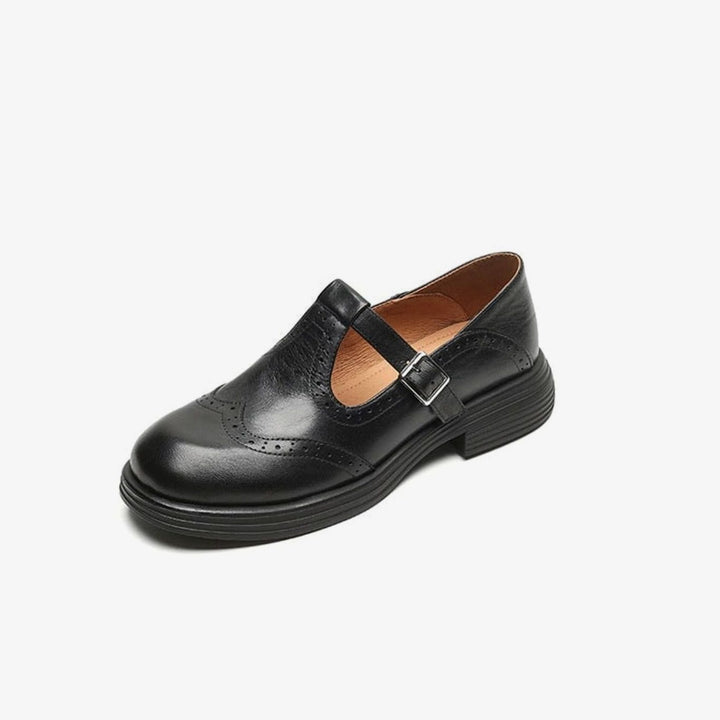 Women's Vintage Brogue T-Strap Mary Jane Flat Shoes - Black