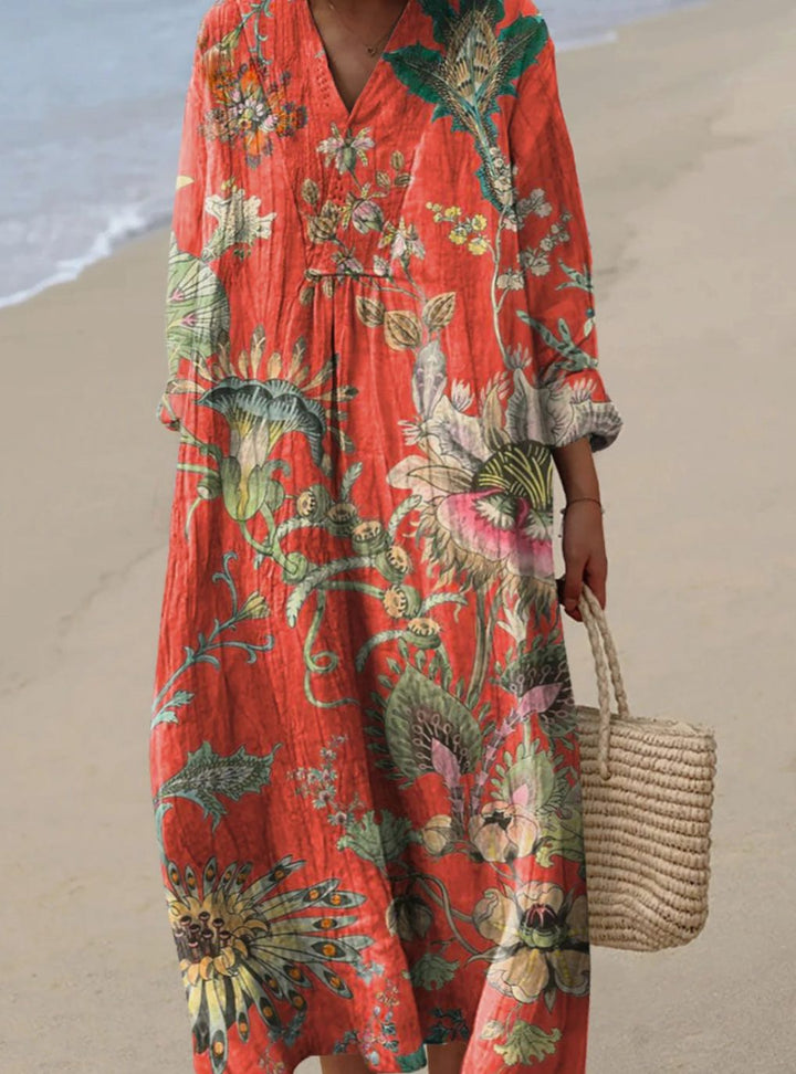Women's Vintage Floral Long Sleeve Boho Fall Dress Midi - Orange