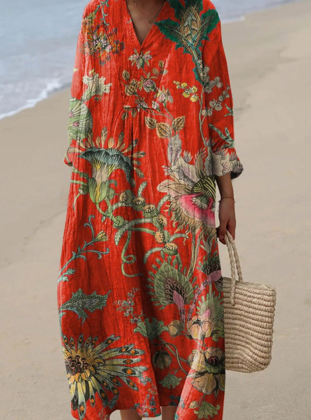 Women's Vintage Floral Long Sleeve Boho Fall Dress Midi - Red