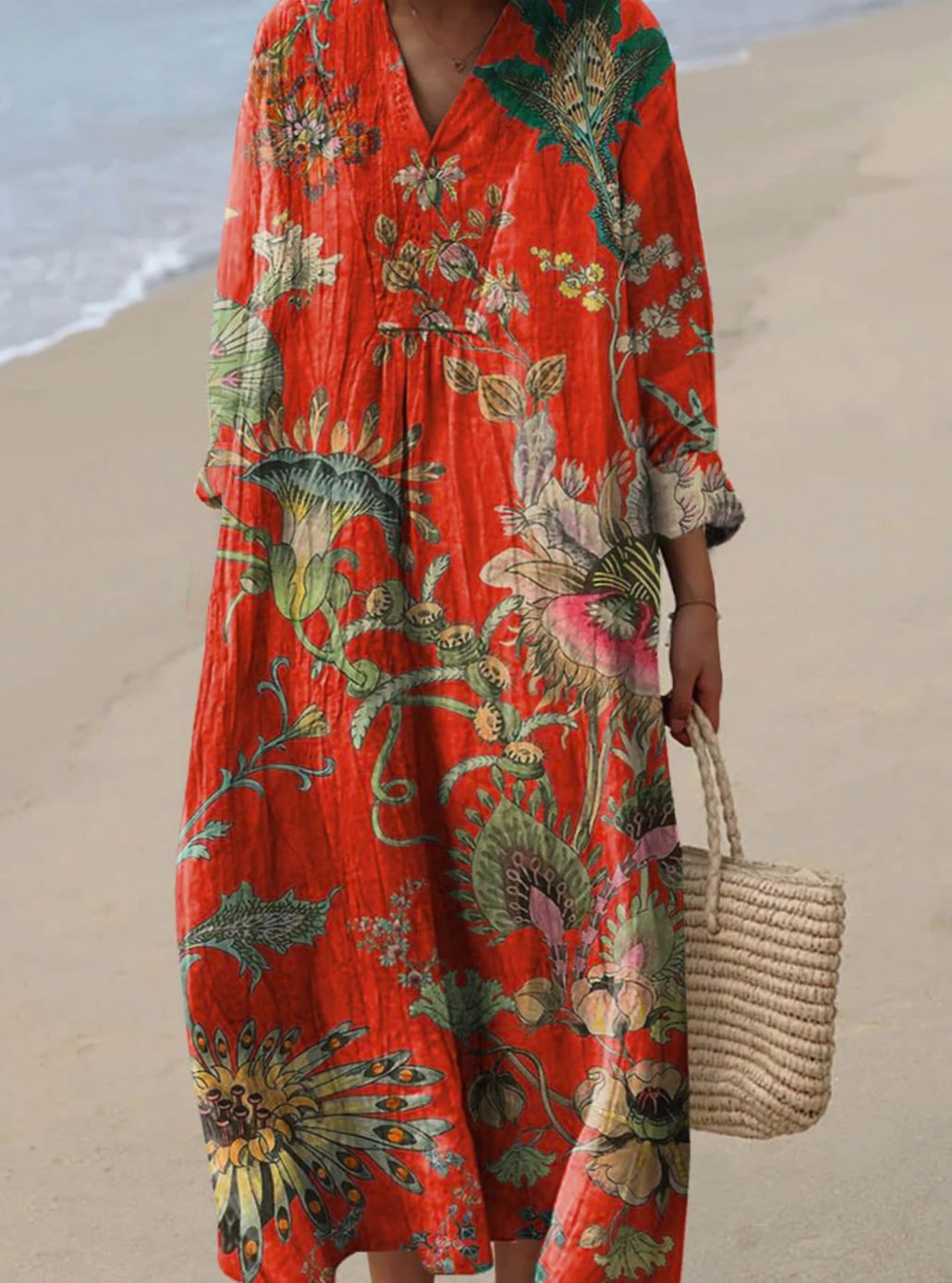 Women's Vintage Floral Long Sleeve Boho Fall Dress Midi - Red