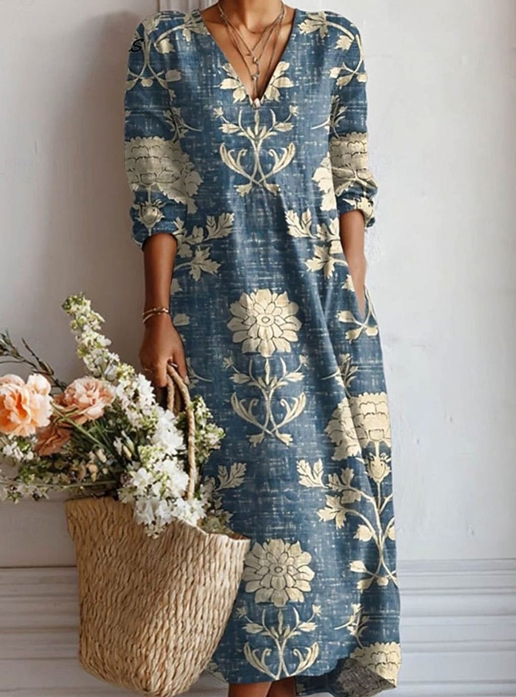 Women's Vintage Floral Long Sleeve Dress Relaxed Maxi V-Neck - Blue