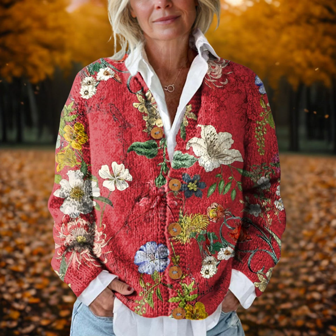 Women's Vintage Floral Open-Front Knit Cardigan - Red