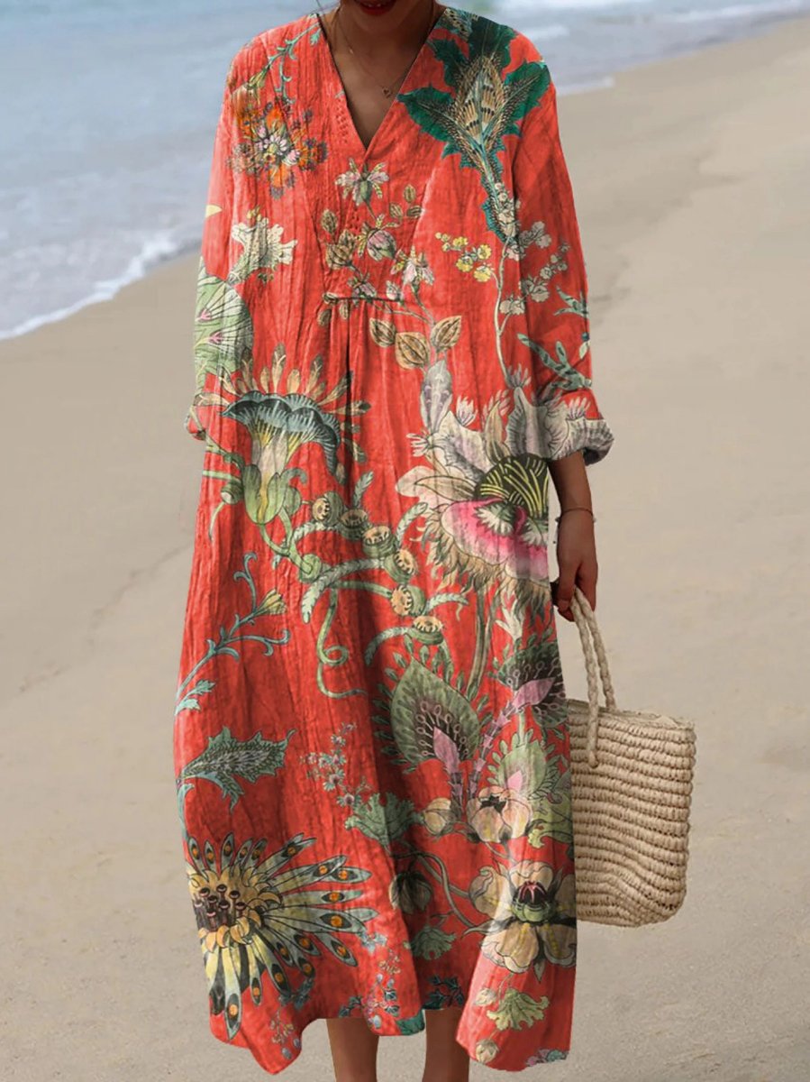 Women's Vintage Floral Print Long Sleeve Oversized Dress - Orange