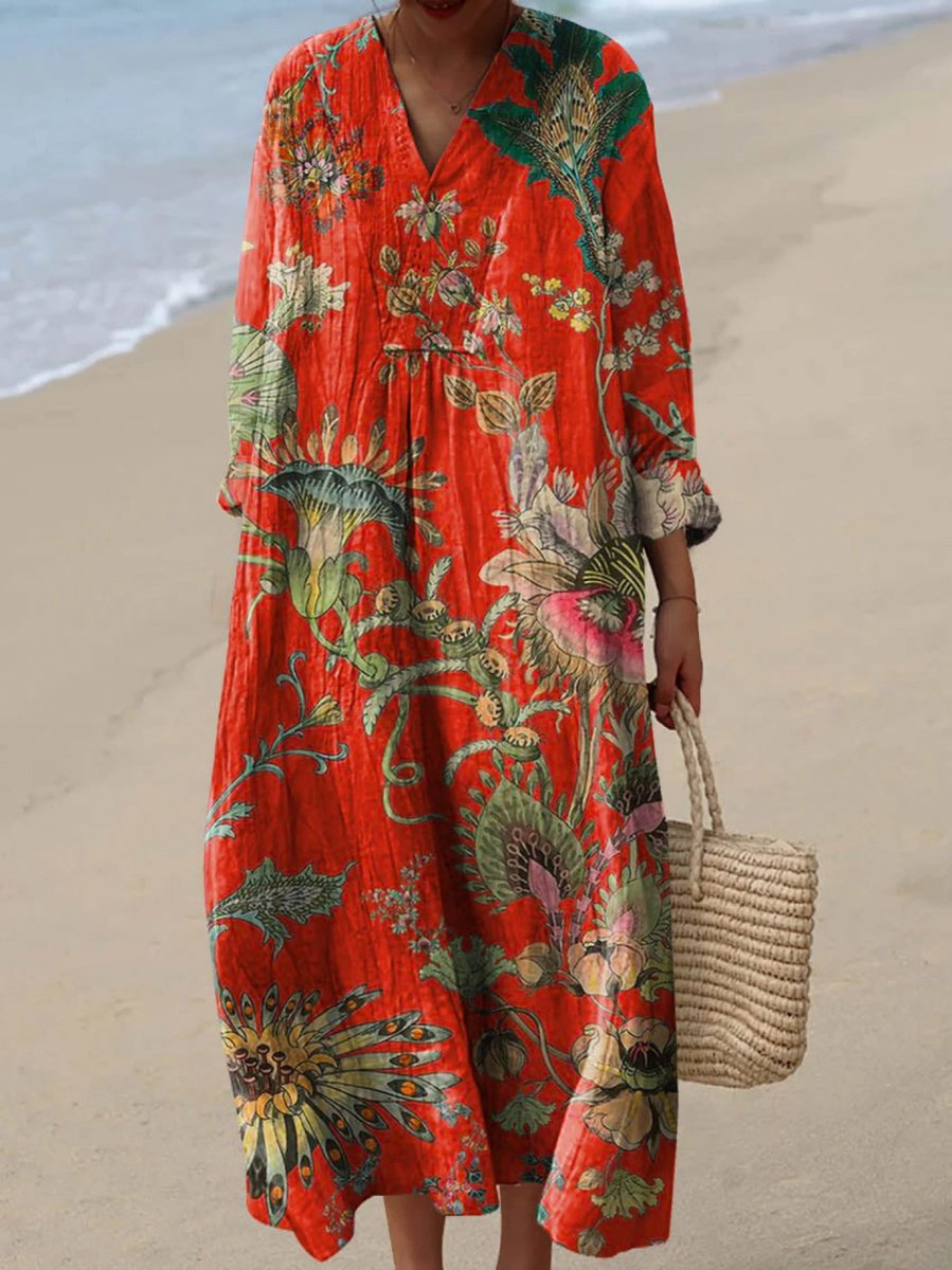 Women's Vintage Floral Print Long Sleeve Oversized Dress - Red