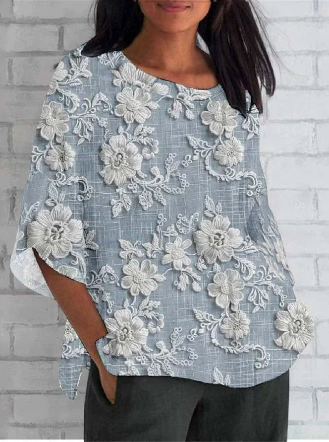 Women's Vintage Floral Relaxed-Fit 3/4 Sleeve Blouse Top - Blue