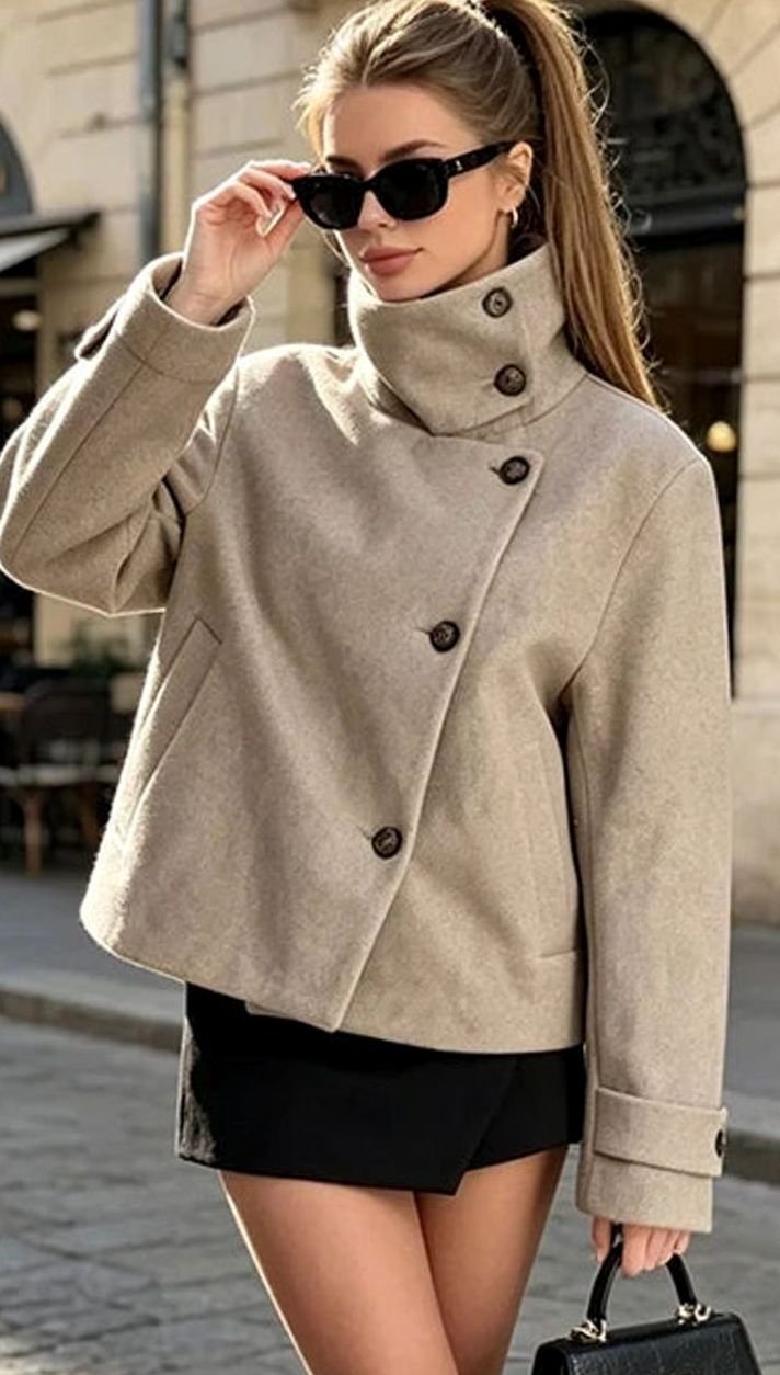 Women's Vintage High-Neck Stand Collar Wool-Blend Coat