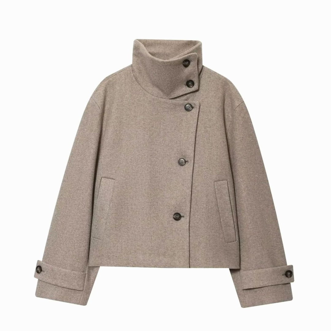 Women's Vintage High-Neck Stand Collar Wool-Blend Coat - Beige