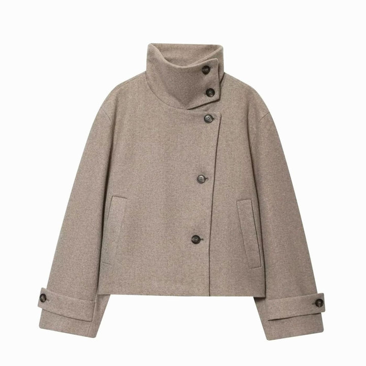 Women's Vintage High-Neck Stand Collar Wool-Blend Coat - Beige