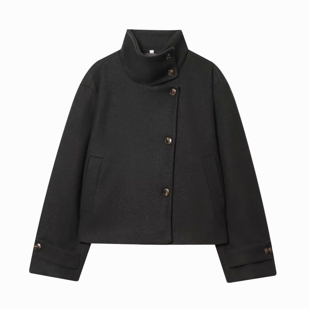 Women's Vintage High-Neck Stand Collar Wool-Blend Coat - Black