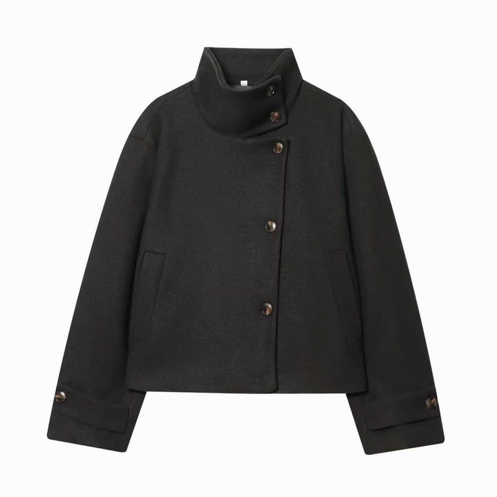Women's Vintage High-Neck Stand Collar Wool-Blend Coat - Black