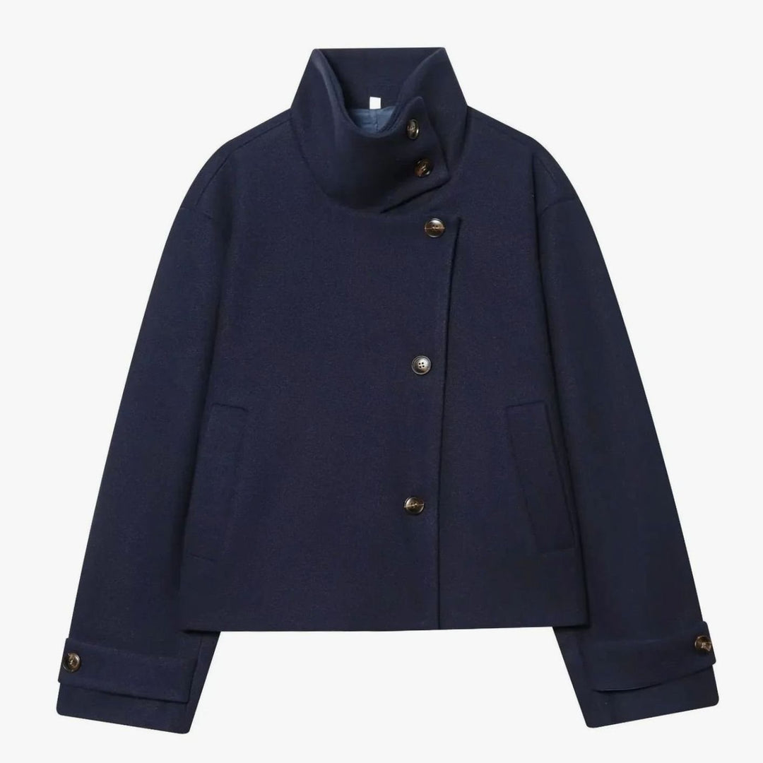 Women's Vintage High-Neck Stand Collar Wool-Blend Coat - Dark Blue