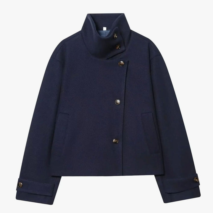 Women's Vintage High-Neck Stand Collar Wool-Blend Coat - Dark Blue