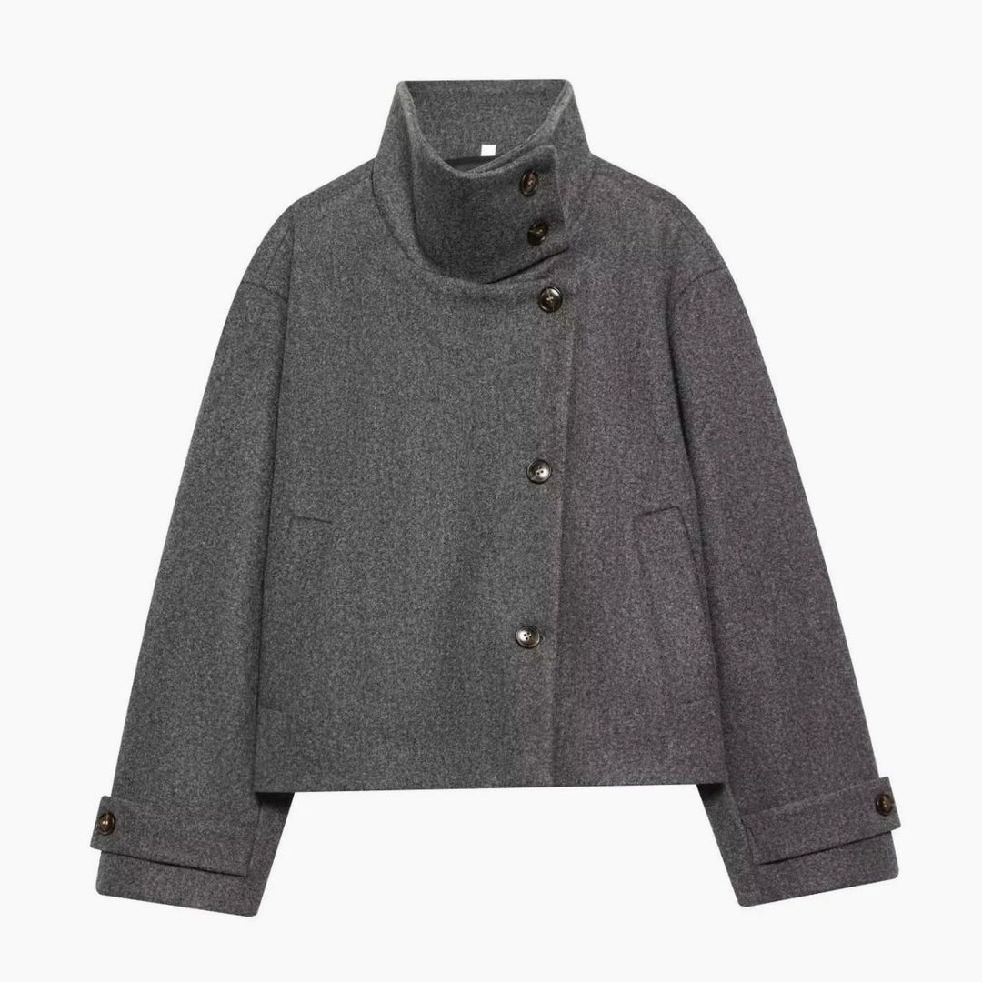 Women's Vintage High-Neck Stand Collar Wool-Blend Coat - Gray