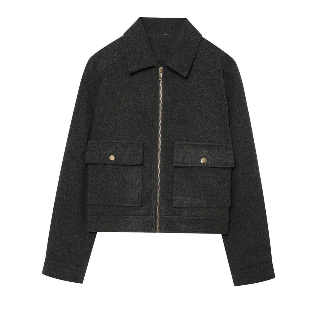 Women's Vintage High-Neck Stand Collar Wool-Blend Coat - Gray Black