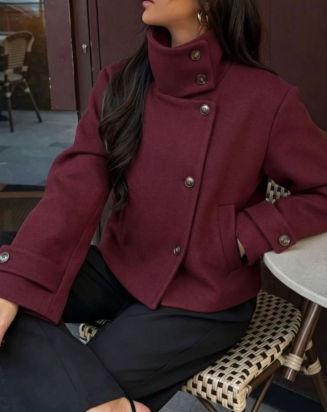 Women's Vintage High-Neck Stand Collar Wool-Blend Coat