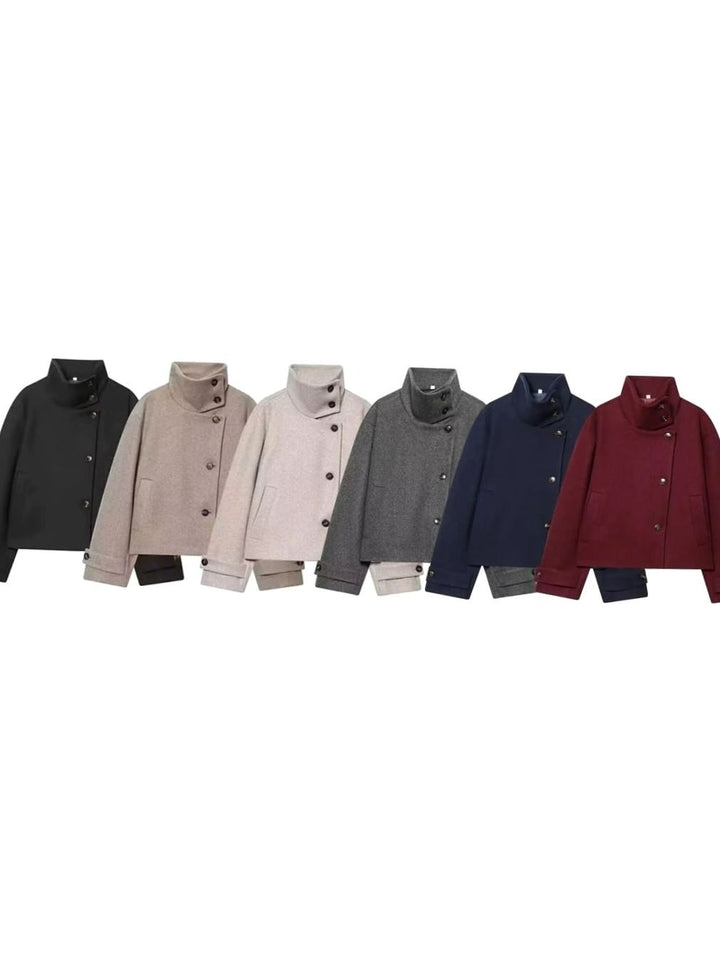 Women's Vintage High-Neck Stand Collar Wool-Blend Coat