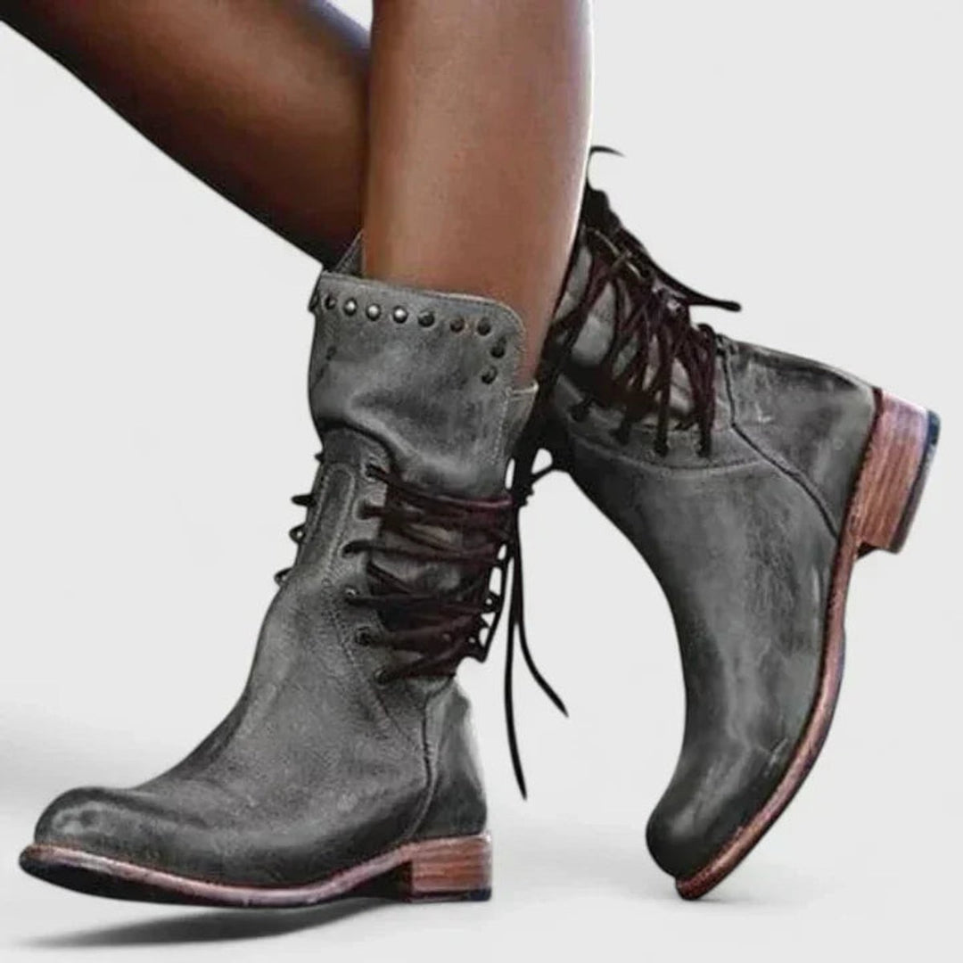 Women's Vintage Lace-Up Studded Knee High Boots Block Heel - Gray