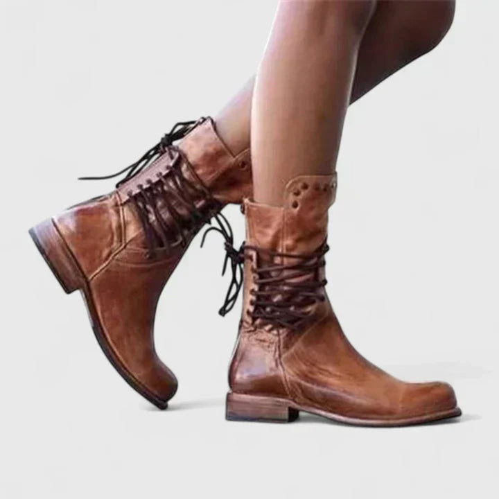 Women's Vintage Lace-Up Studded Knee High Boots Block Heel - Brown