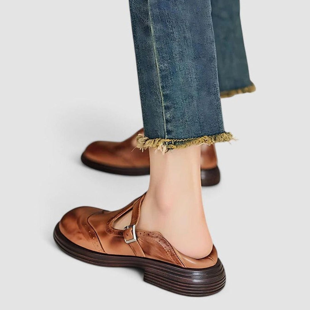 Women's Vintage Leather Brogue T-Strap Shoes Buckle Closure