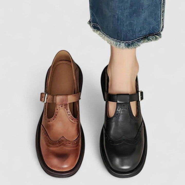 Women's Vintage Leather Brogue T-Strap Shoes Buckle Closure