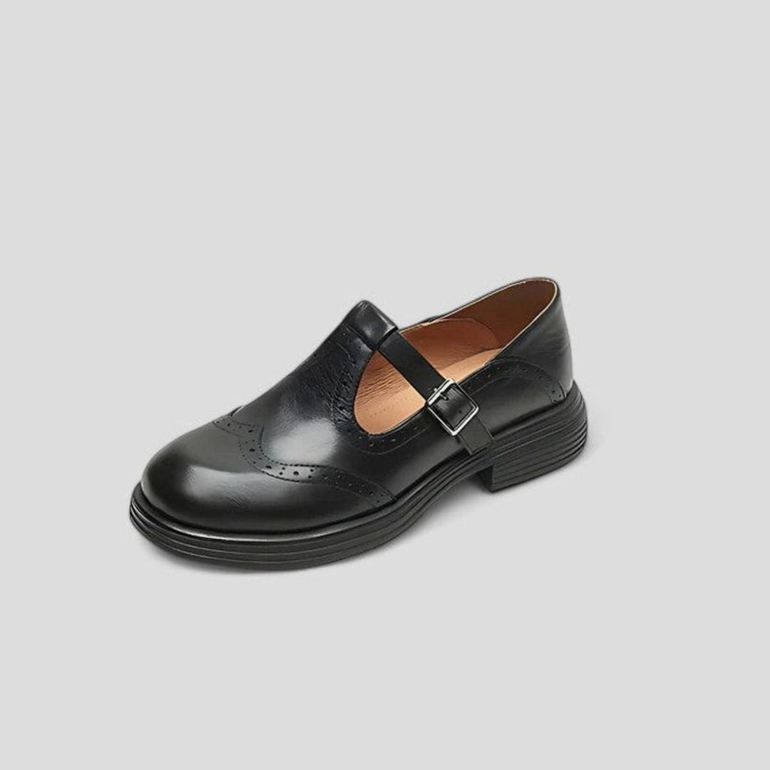 Women's Vintage Leather Brogue T-Strap Shoes Buckle Closure
