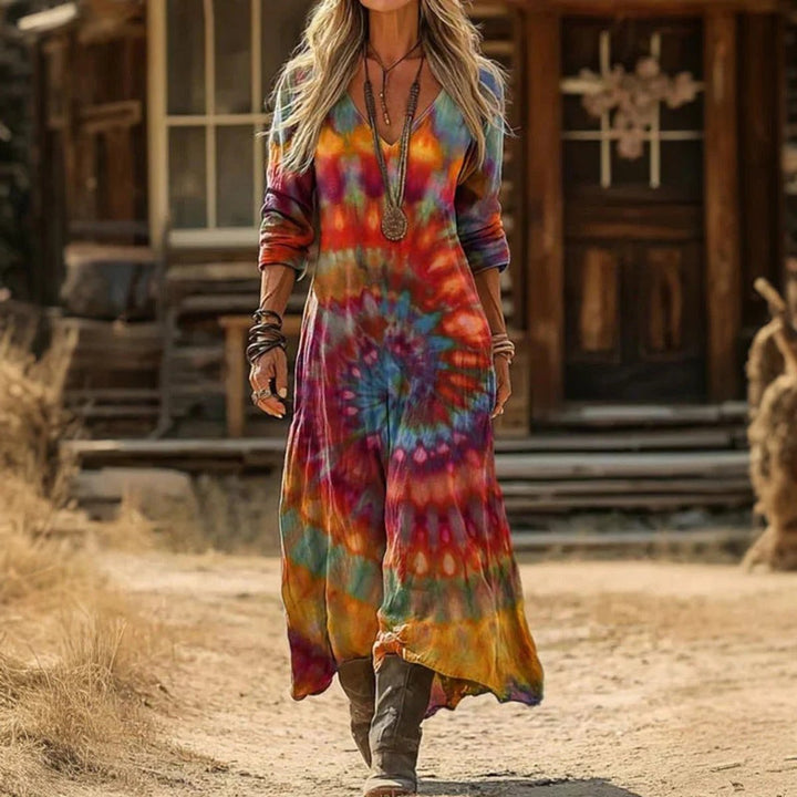 Women's Vintage-Print V-Neck Long Sleeve Dress Relaxed Maxi - Multicolor
