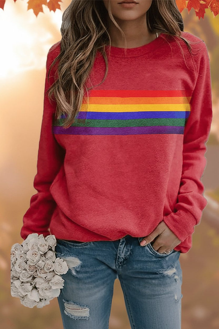 Women's Vintage Rainbow Striped Relaxed-Fit Crew Neck Sweatshirt - Red