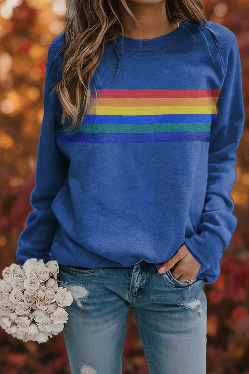 Women's Vintage Rainbow Striped Relaxed-Fit Crew Neck Sweatshirt - Blue