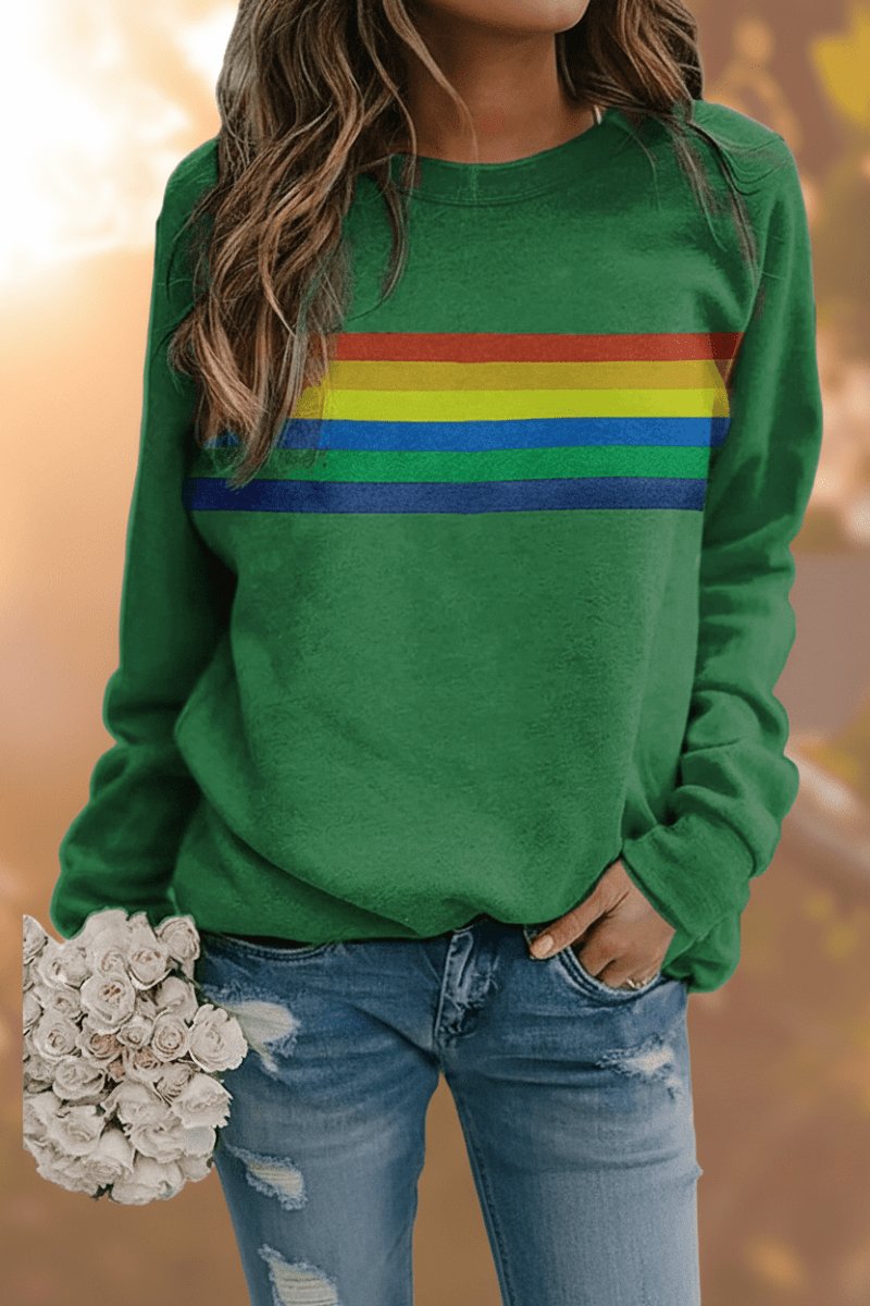 Women's Vintage Rainbow Striped Relaxed-Fit Crew Neck Sweatshirt