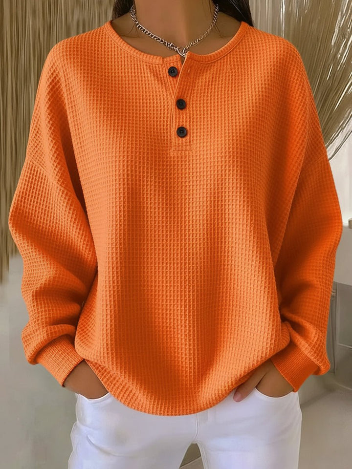 Women's Waffle Henley Long Sleeve Knit Sweater - Orange