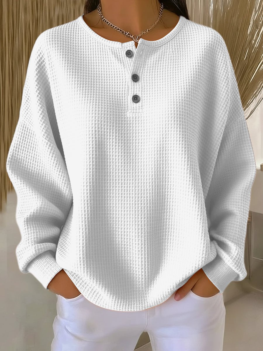 Women's Waffle Henley Long Sleeve Knit Sweater - White