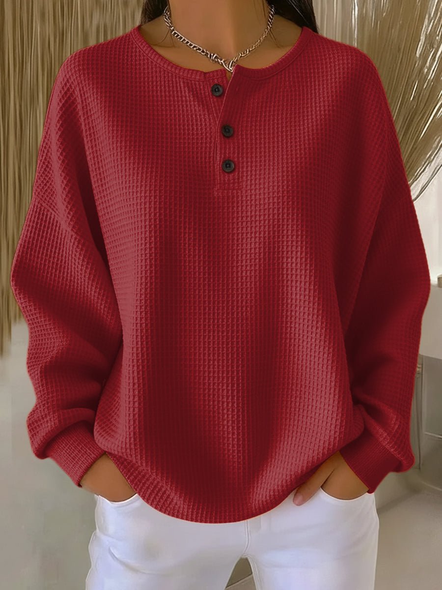 Women's Waffle Henley Long Sleeve Knit Sweater - Red
