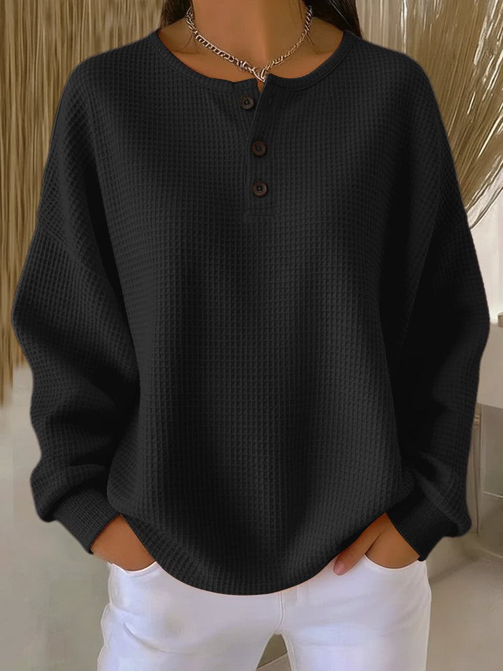 Women's Waffle Henley Long Sleeve Knit Sweater - Black