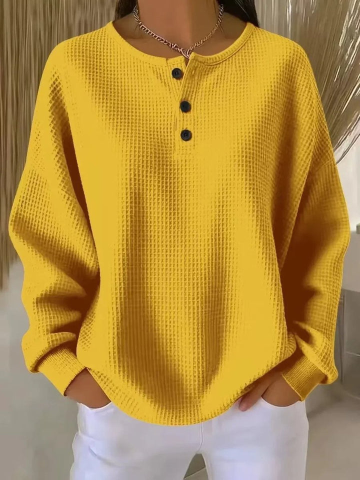 Women's Waffle Henley Long Sleeve Knit Sweater - Yellow