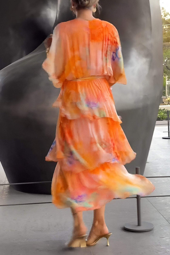 Women's Watercolor Floral Tiered Chiffon Maxi Dress V-Neck