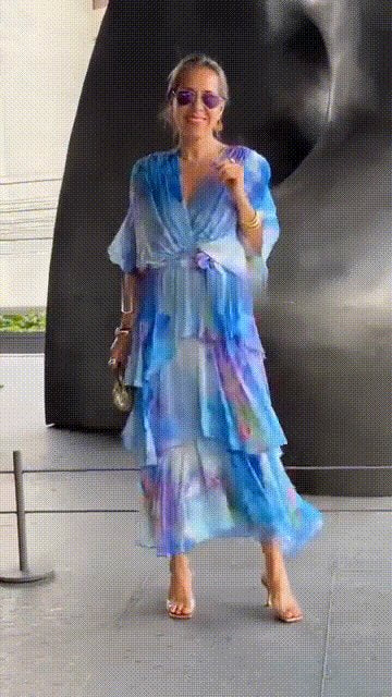 Women's Watercolor Floral Tiered Chiffon Maxi Dress V-Neck