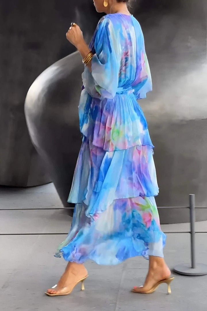 Women's Watercolor Floral Tiered Chiffon Maxi Dress V-Neck