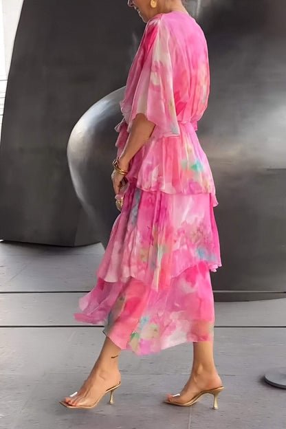 Women's Watercolor Floral Tiered Chiffon Maxi Dress V-Neck