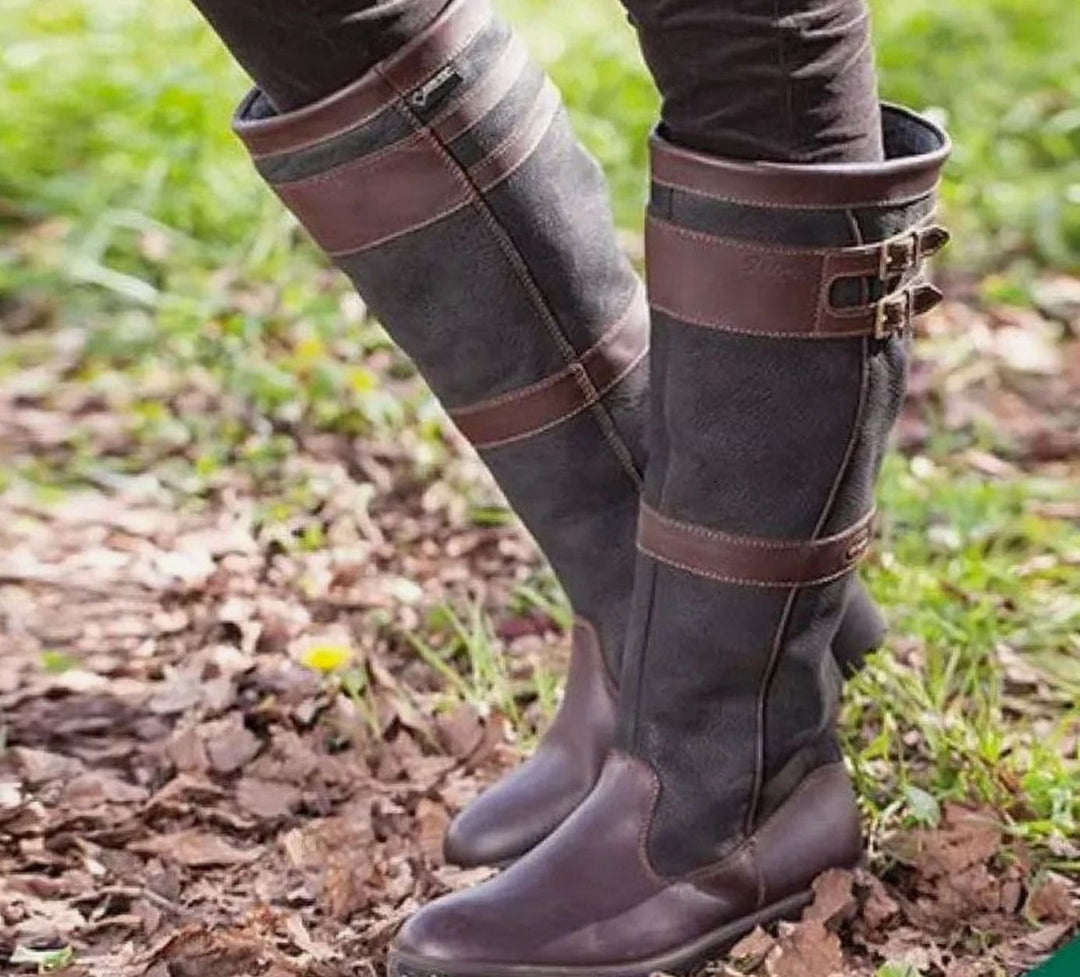 Women's Waterproof Double-Buckle Knee-High Pull-On Boots - Coffee