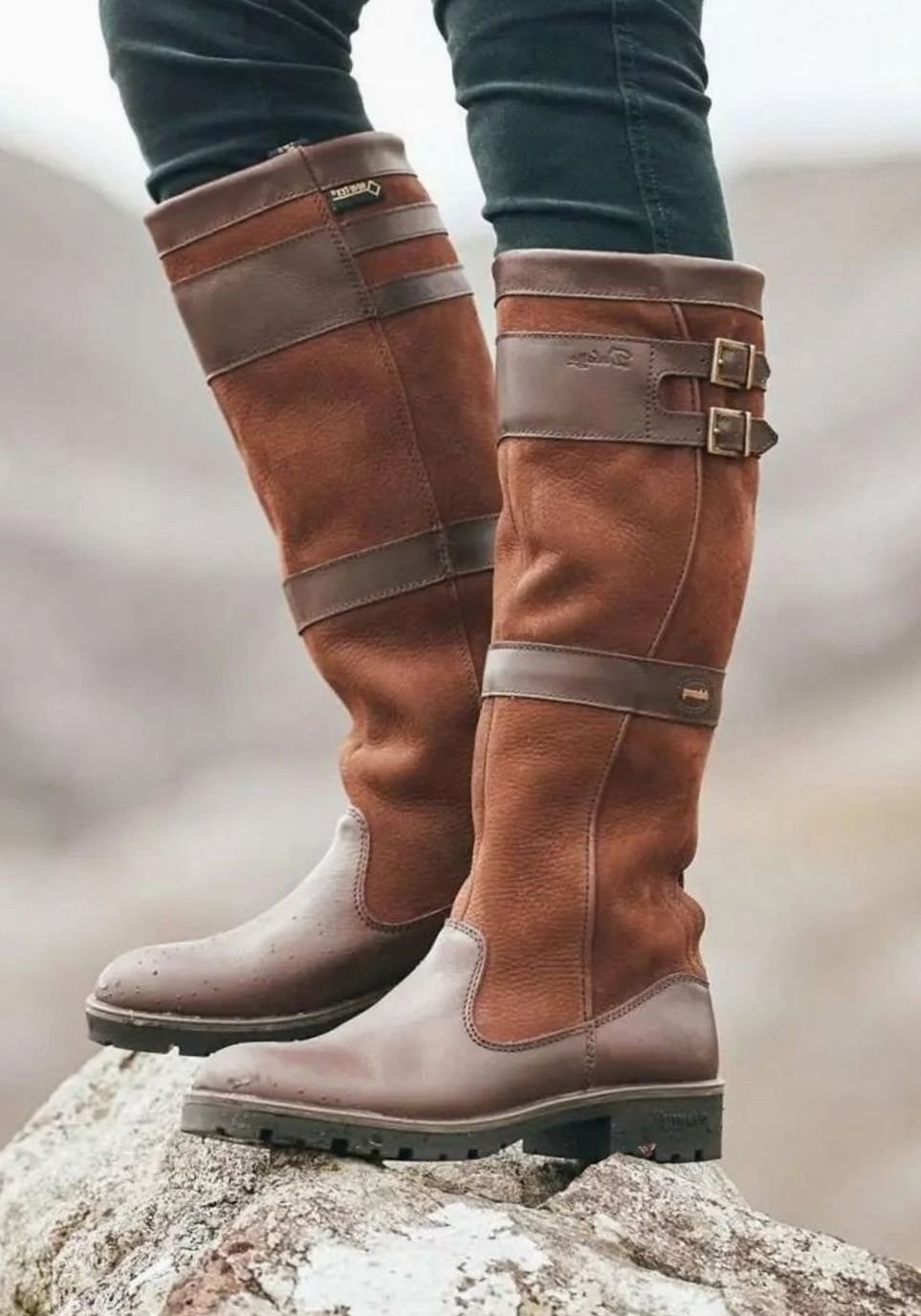 Women's Waterproof Double-Buckle Knee-High Pull-On Boots - Brown