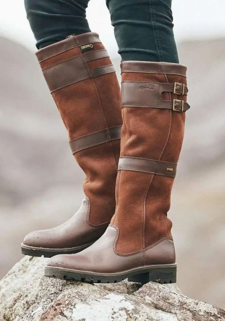 Women's Waterproof Double-Buckle Knee-High Pull-On Boots - Brown