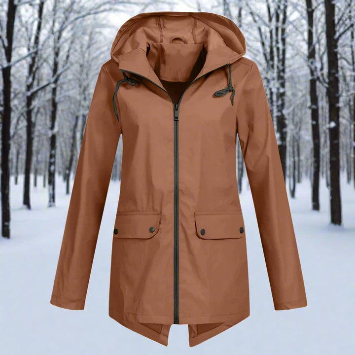 Women's Waterproof Hooded Longline Zip-Up Rain Jacket - Coffee