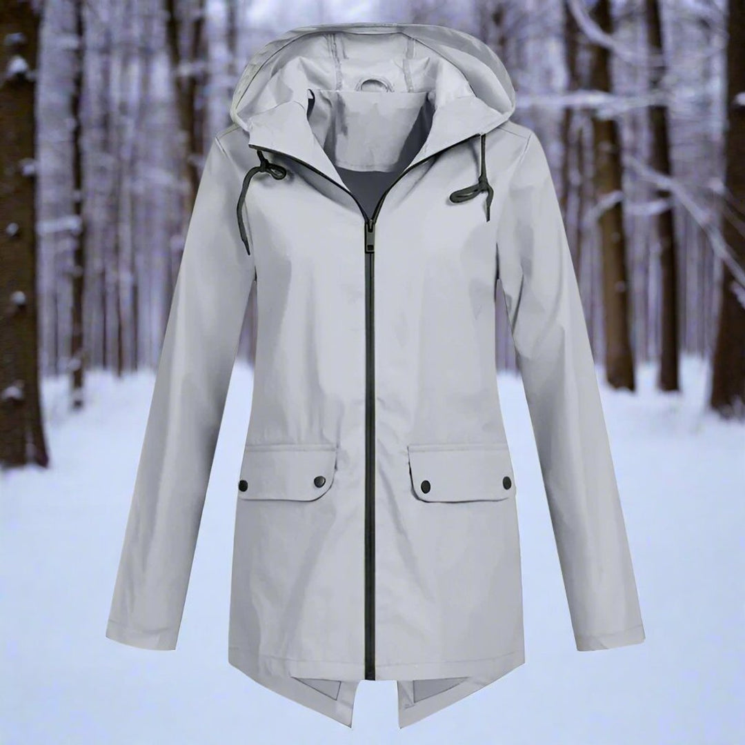 Women's Waterproof Hooded Longline Zip-Up Rain Jacket - Grey