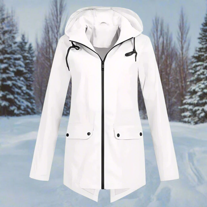 Women's Waterproof Hooded Longline Zip-Up Rain Jacket - White