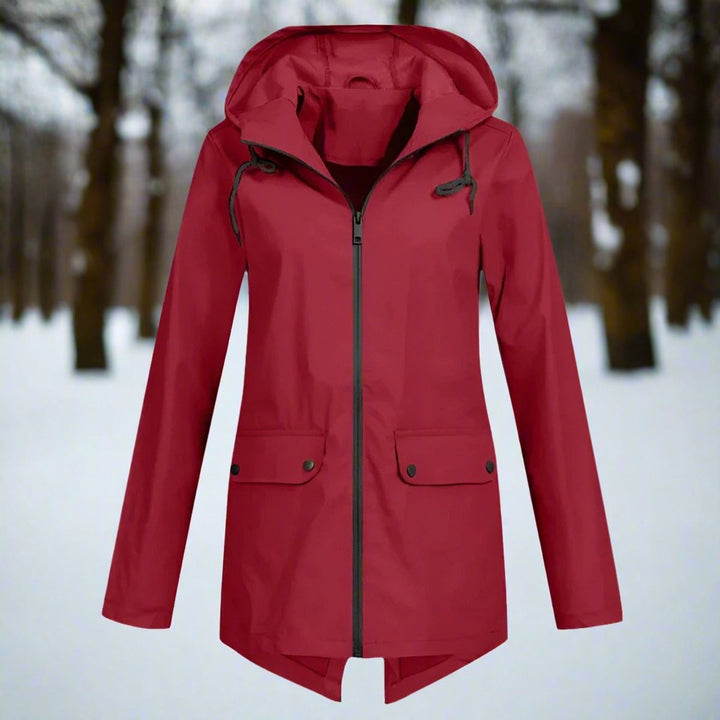 Women's Waterproof Hooded Longline Zip-Up Rain Jacket - Wine Red