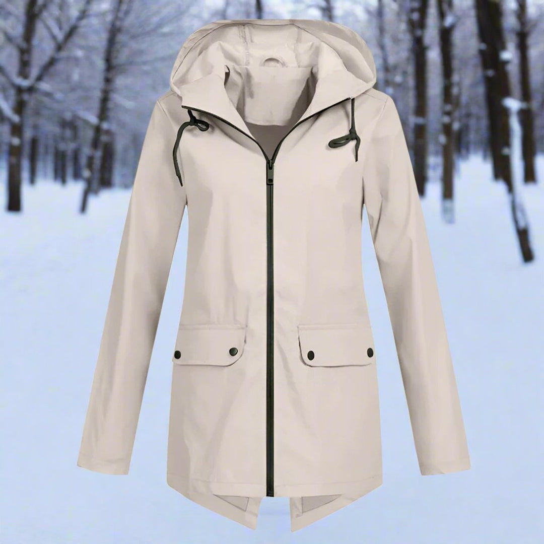 Women's Waterproof Hooded Longline Zip-Up Rain Jacket - Apricot